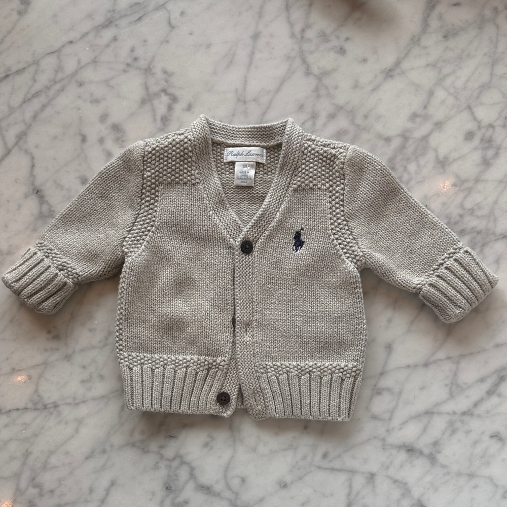 Ralph Lauren Beige Knit Baby Cardigan with Navy Polo Logo